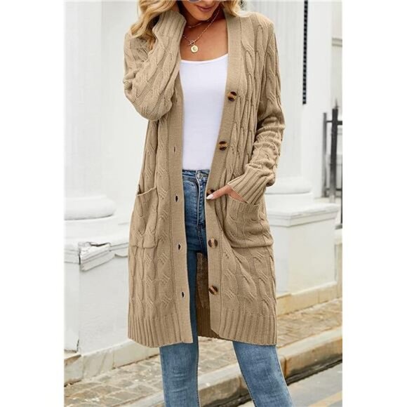 Women's Open Front Cable Knit Cardigan Button Down Long Sweater with Pockets - Picture 2 of 6